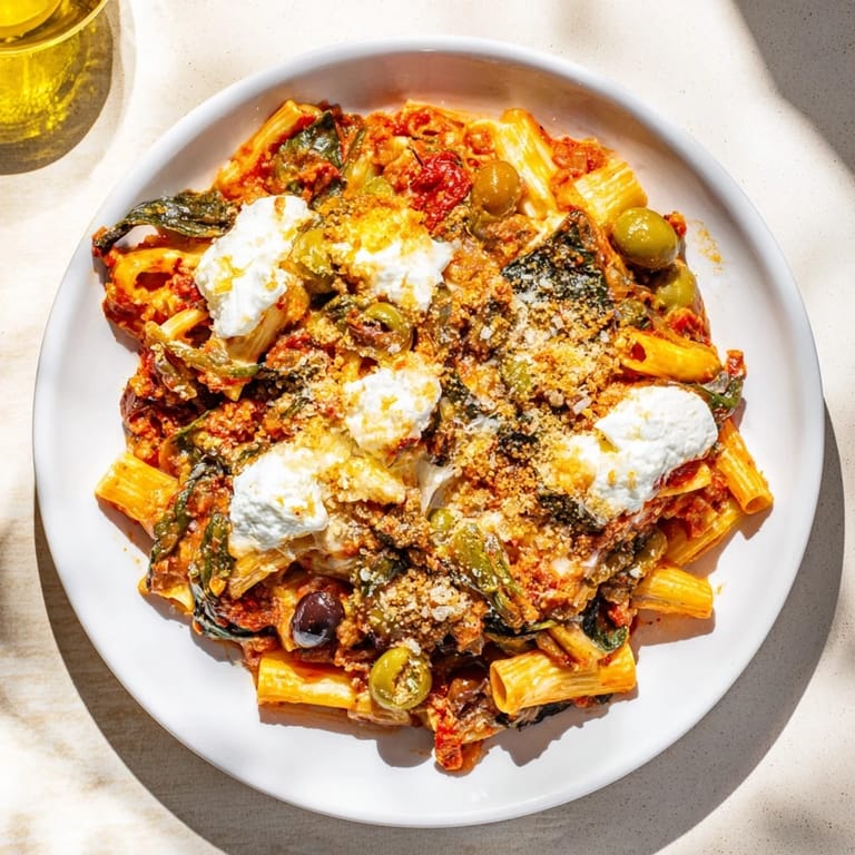 A close-up shot of steaming, cheesy Olive-Warm Baked Ziti with spinach and flavorful olives.