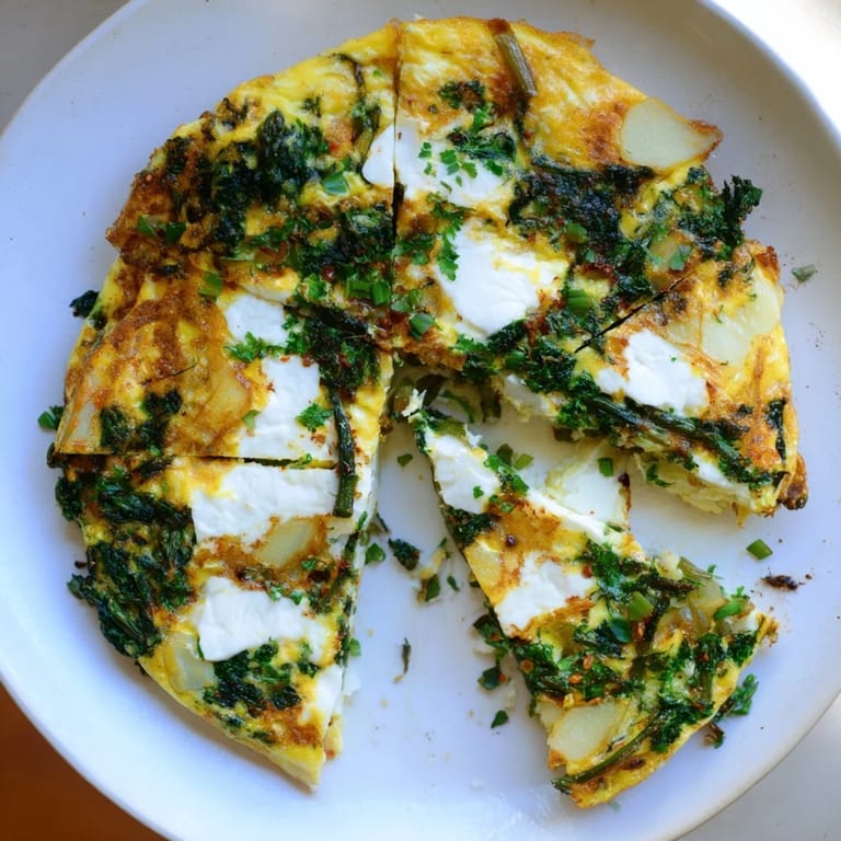 Freshly baked Meadow-Soft Cozy Plate: Frittata with melted goat cheese, perfect for a vegetarian meal.