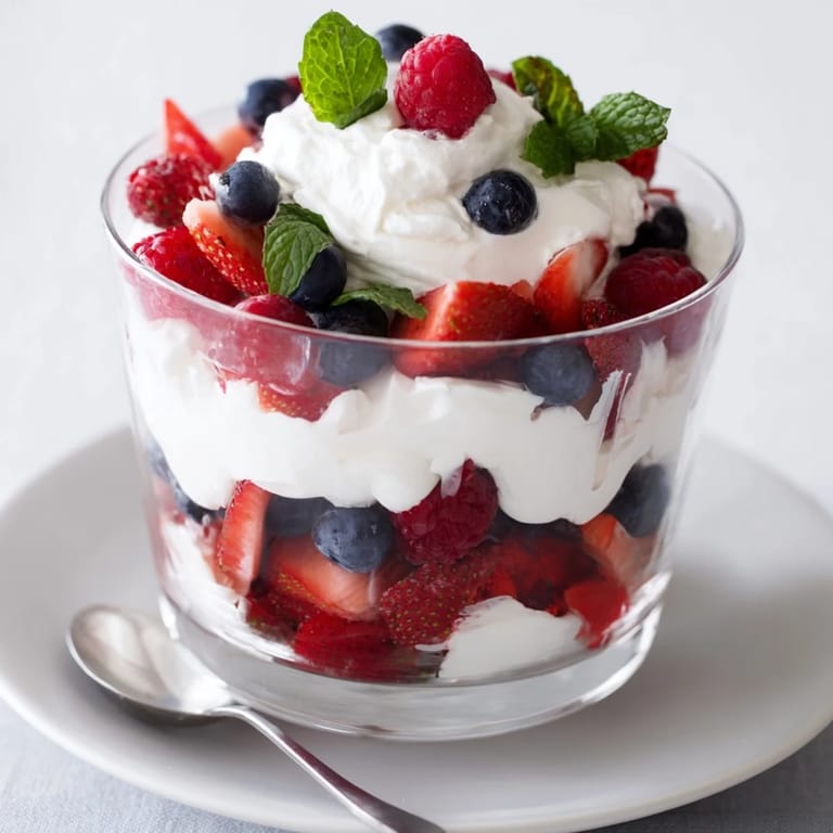 Sweet and simple, this Berry Parfait shows off colorful berries between clouds of whipped cream.