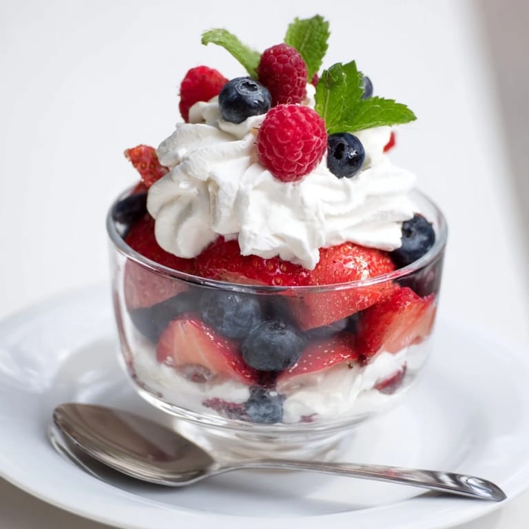 Elegant Berry Parfait with Whipped Cream: a delicious dessert topped with fresh berries and mint leaves.