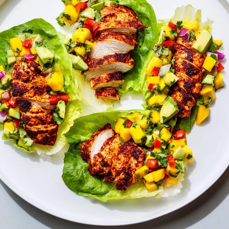 Flavorful Chicken and Mango Salsa Lettuce Wraps showcase grilled chicken, colorful salsa, and crisp lettuce.