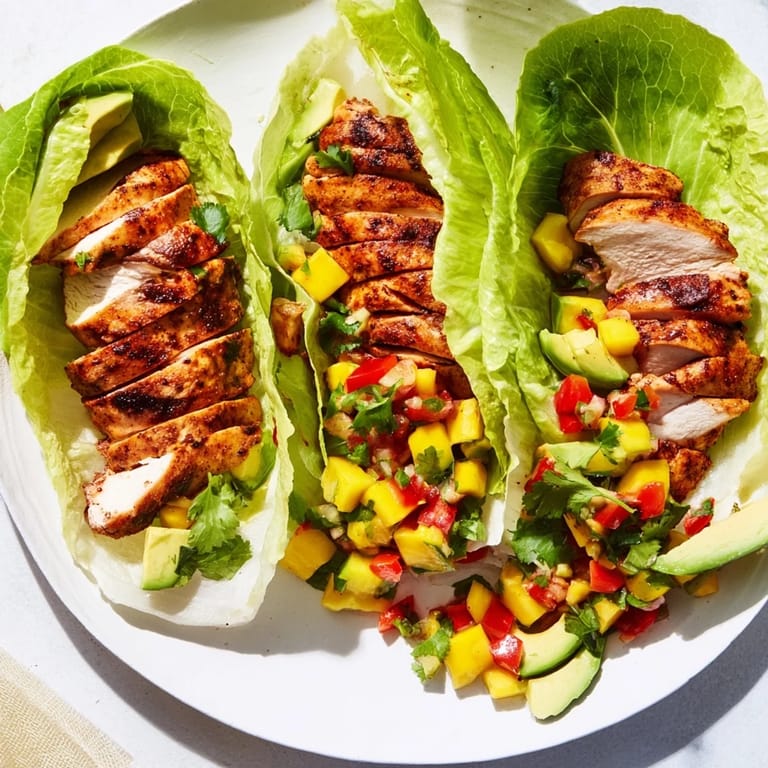 Delectable close-up of Chicken and Mango Salsa Lettuce Wraps, ready for a healthy and satisfying meal.