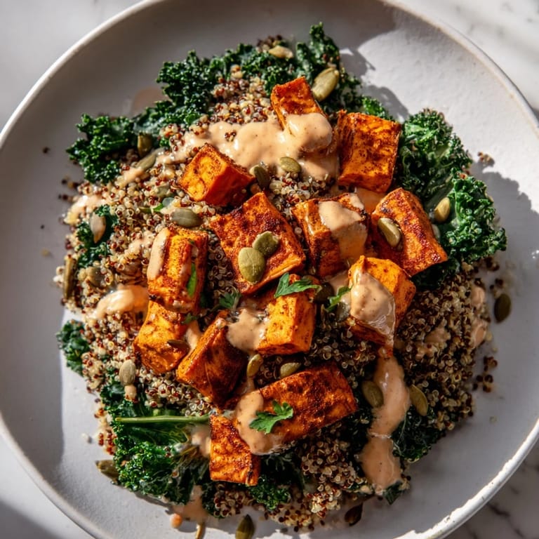 Vibrant photo of a Light Coastal Bowl; quinoa, kale, and sweet potatoes, drizzled with lemon-tahini sauce.