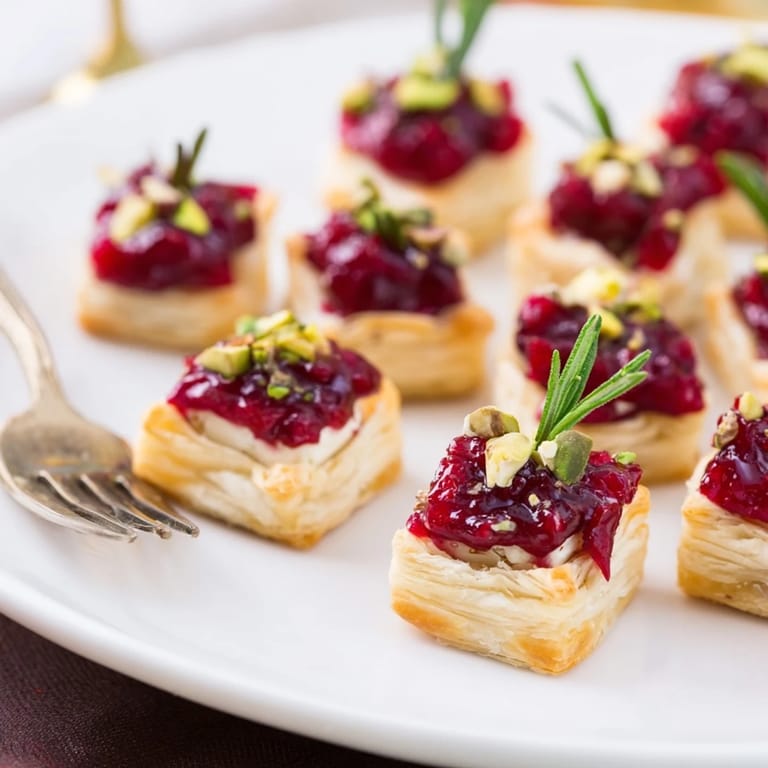 A close-up view of the delicious Mini Cranberry Brie Tart Wreath showcasing its festive, holiday-ready presentation.