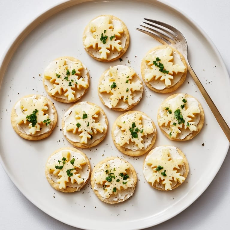 Elegant Savory Bites: Cracker and Cheese Snowflake Design appetizer arranged on a platter ready to serve.