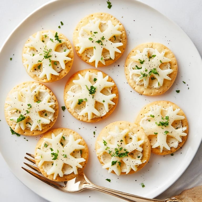 Detailed view of creamy cheese snowflakes on crackers, forming delicious Savory Bites.