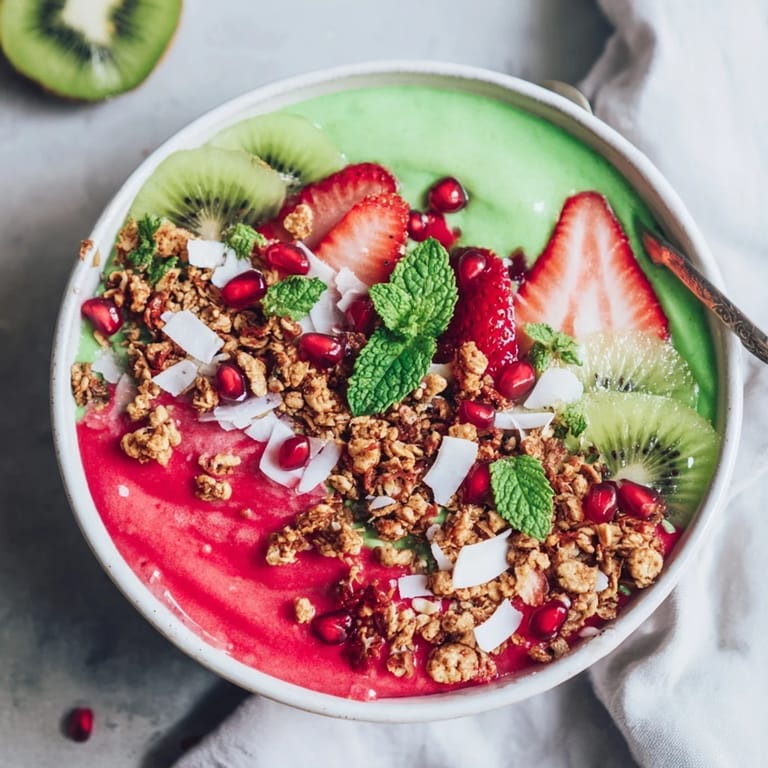 Enjoy a layered Festive Red and Green Smoothie Bowl, a beautifully garnished, healthy breakfast option.