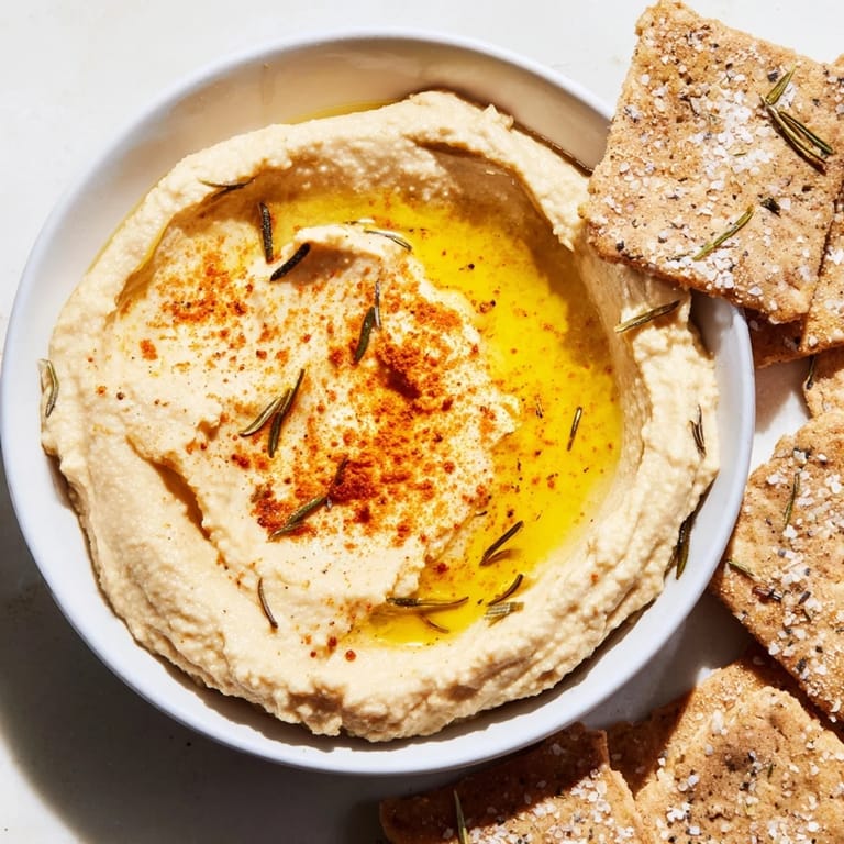 Freshly baked Holiday Crackers: Rosemary Cracker and Hummus Duo, perfect for holiday entertaining, ready to serve.