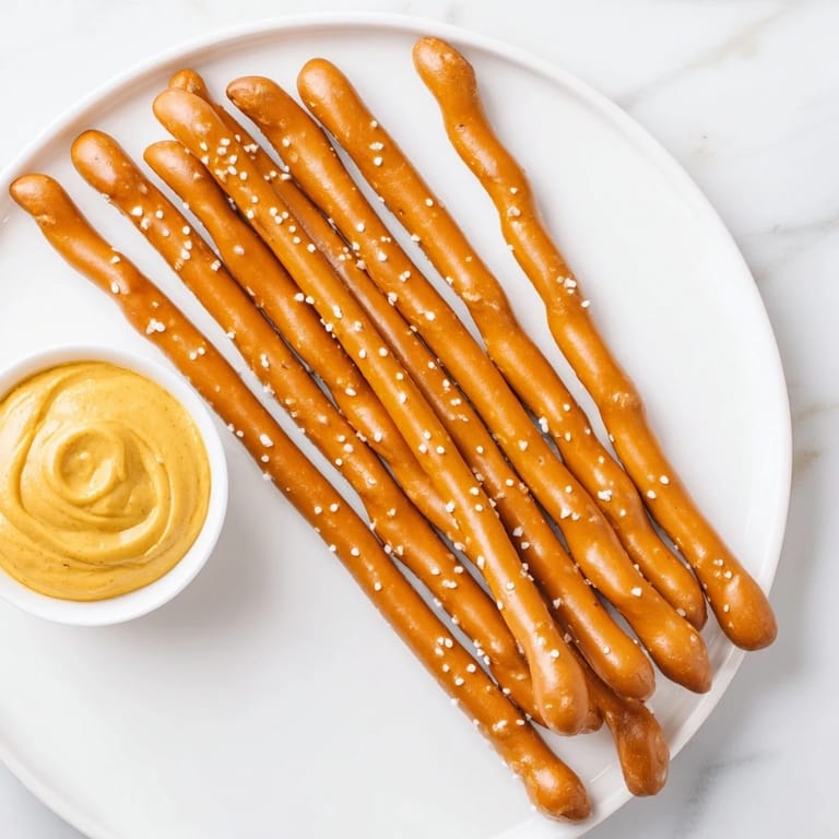 Appetizing shot: Crunchy pretzel rods paired with creamy, tangy hot mustard dipping sauce.