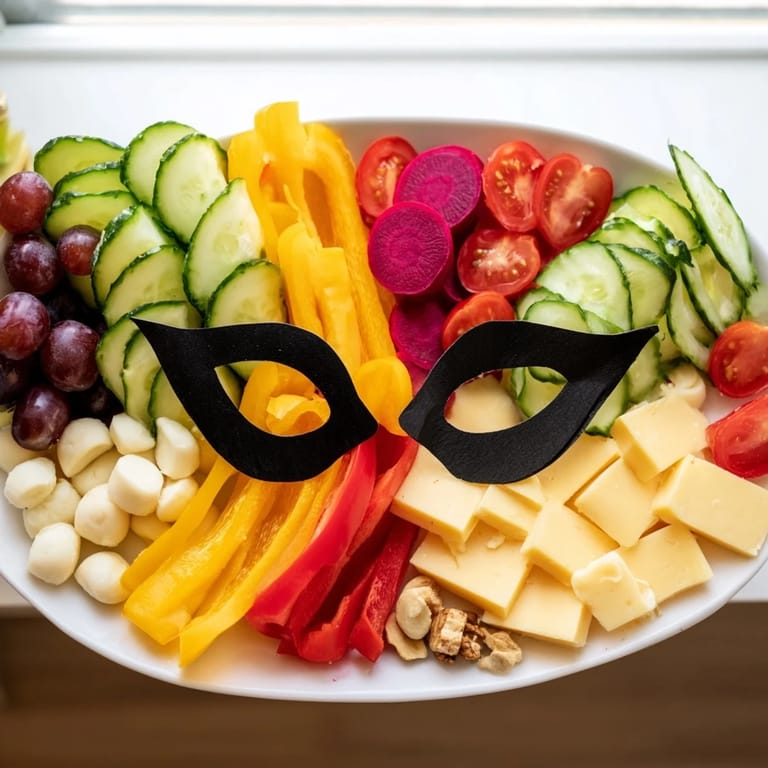 Delicious bites arranged to create a Masquerade Mask, perfect for a New Year's Eve party appetizer.
