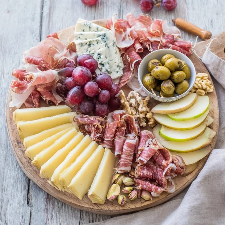 A vibrant Elegant Gilded Edge appetizer spread: slices of cheese and meats beautifully encircling the board's edge.