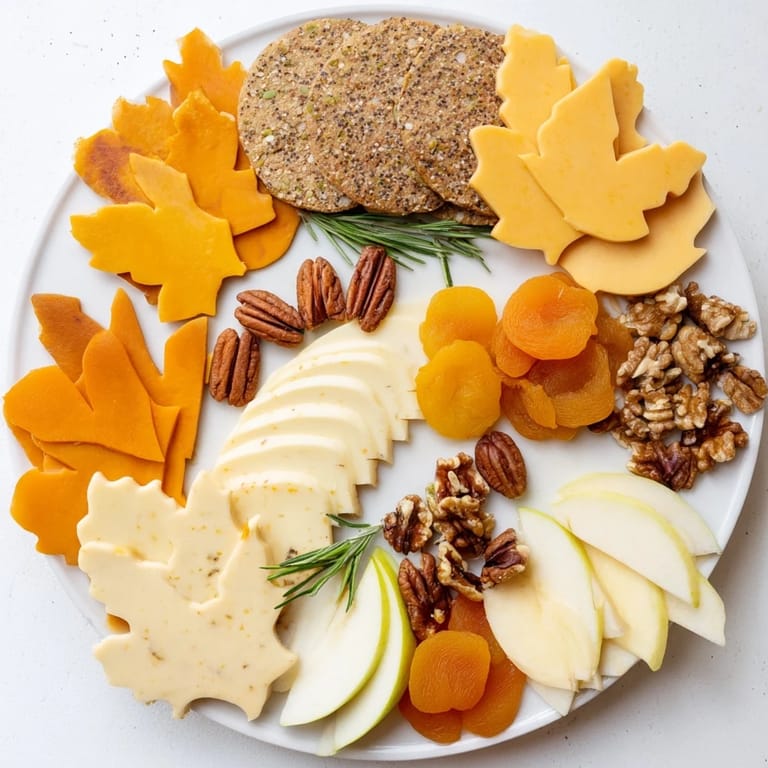Vibrant arrangement of a Thanksgiving Leaf Fall board, with cheese and fruit in autumn colors ready to eat.