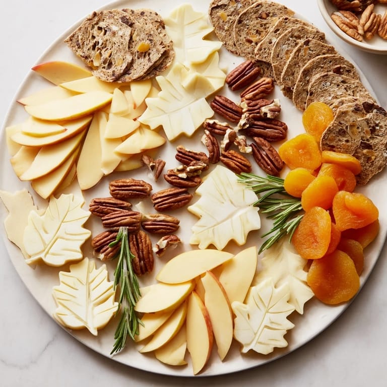 Beautifully arranged Thanksgiving Leaf Fall appetizer board: cheese, fruit and crackers that look amazing.