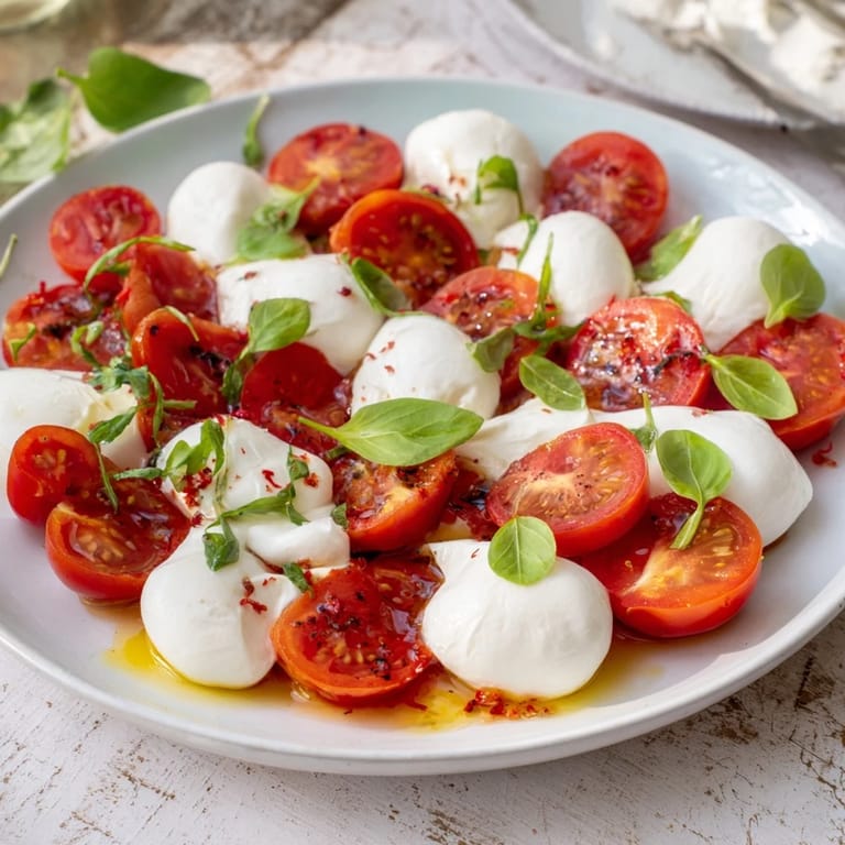 A close-up of The Pearly Strand, with cherry tomatoes and basil beneath a luxurious mozzarella pearl strand.