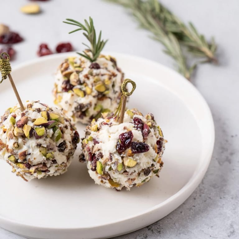Delicious Holiday Ornament Clusters, a vegetarian appetizer with cheese balls and varying textures and flavors.