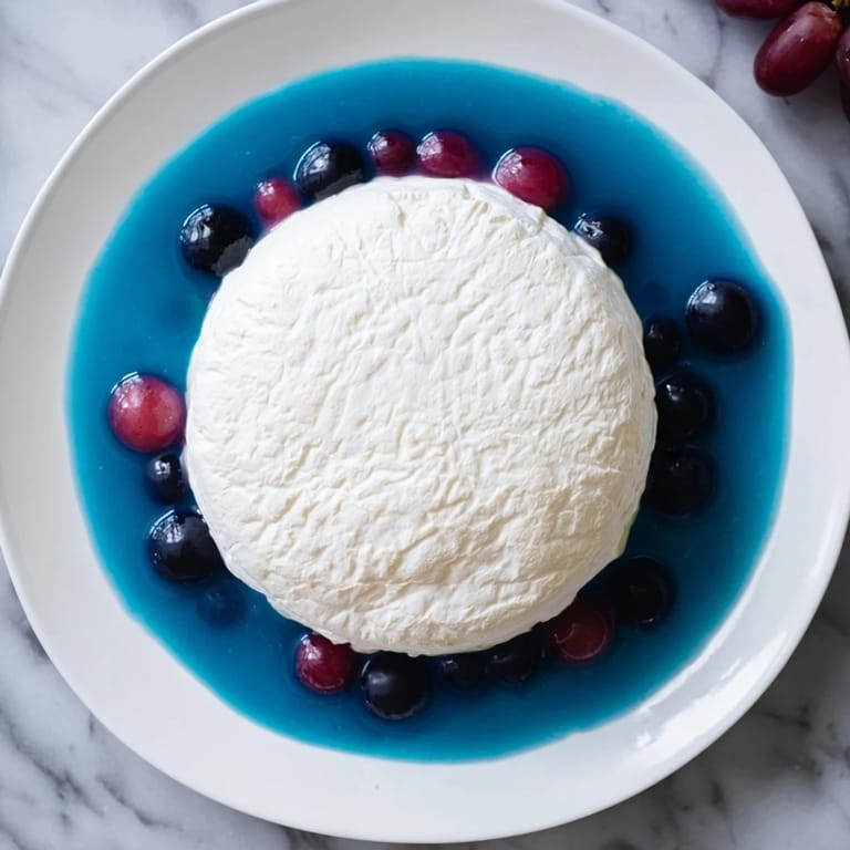 This "Floating Island" features a soft cheese wheel, dramatically set against a sapphire yogurt sea with grapes.