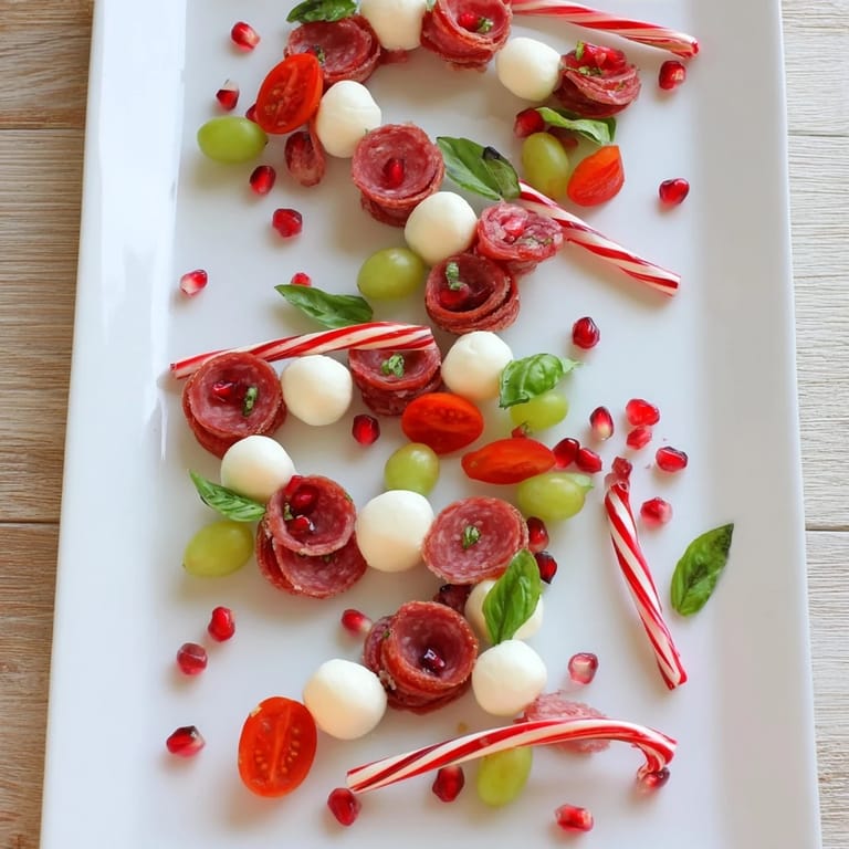A vibrant Candy Cane Zigzag appetizer board showcases salami, cheese, and colorful veggies, perfect for the holidays.