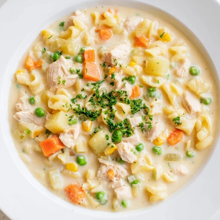 This hearty Chicken Pot Pie Pasta Soup features chunky vegetables with a creamy, rich broth.