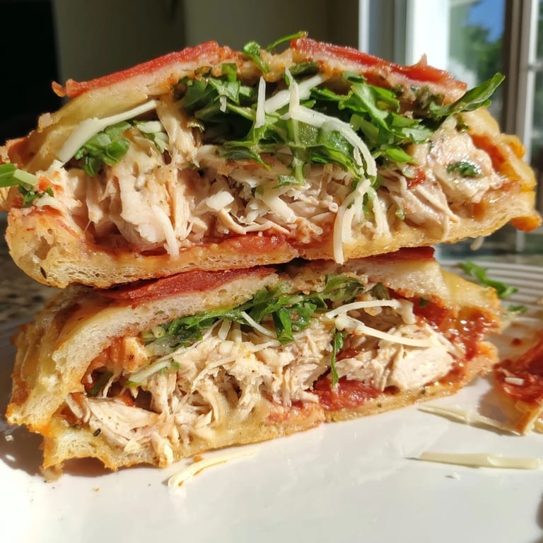 Close-up of the flavorful Leftover Pizza Chicken Sandwich, showing layers of chicken, arugula, and gooey cheese.