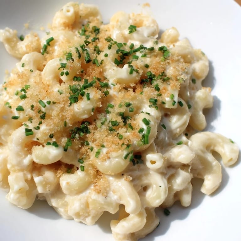 A bowl of Cottage Cheese Mac and Cheese topped with fresh herbs, ready to be enjoyed.
