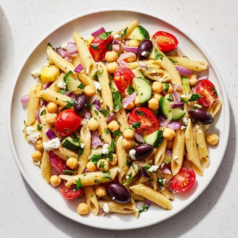 A colorful bowl of Mediterranean pasta salad with chickpeas, feta cheese, and fresh herbs, ready to serve.
