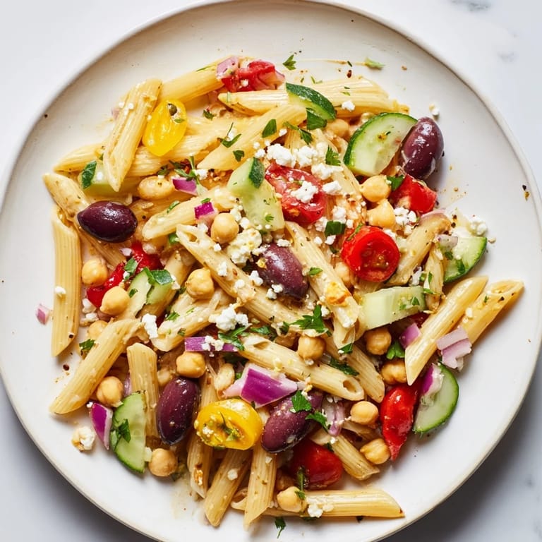 Tempting snapshot of Mediterranean pasta salad with chickpeas, showcasing a healthy, refreshing lunch option.