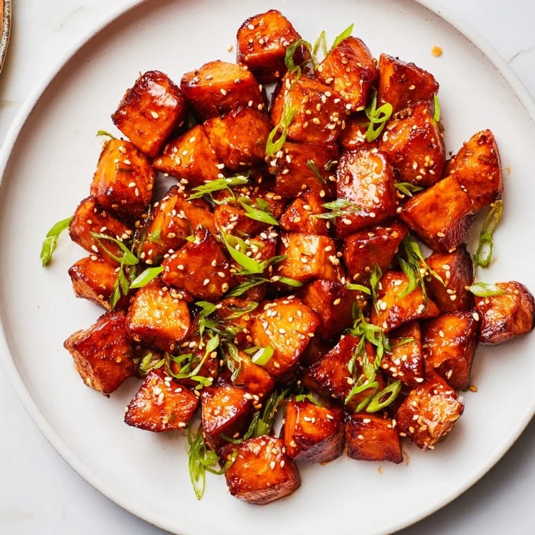 Sweet-savory flavor of these air fryer chicken bites, shown alongside fresh green onions.