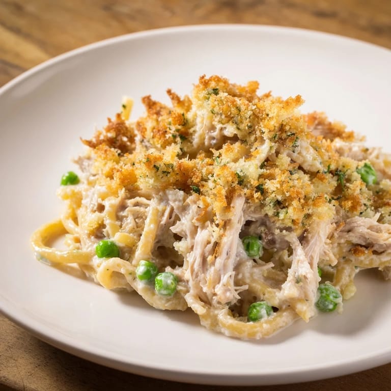 Steaming hot spoonful of Turkey Tetrazzini, showing off the perfectly cooked spaghetti and vegetables.
