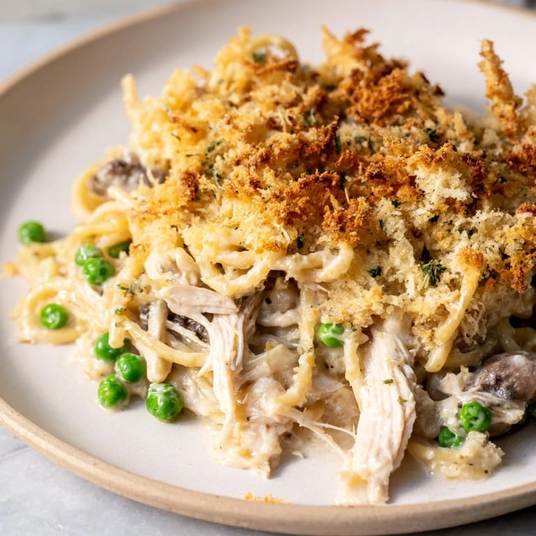 This delicious Turkey Tetrazzini bake features a crispy parmesan topping and tender chicken or turkey.