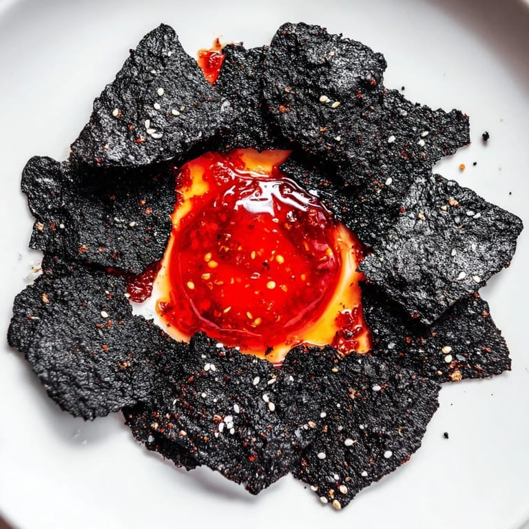 A dramatic view of The Volcanic Flow appetizer: Spicy red jelly erupts from a black cracker ring.