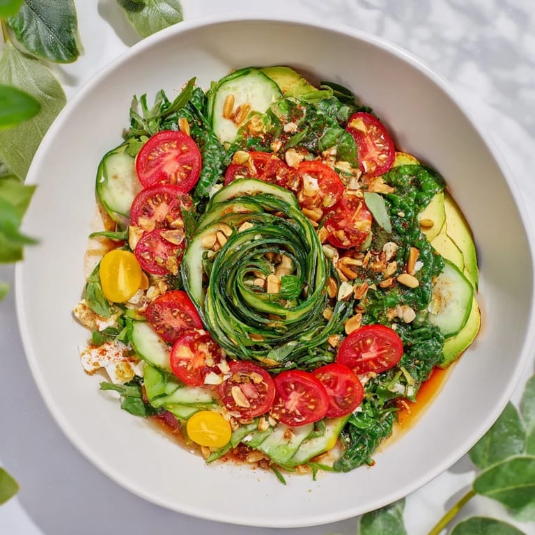 A colorful photo of the Golden Ratio Salad, featuring artful arrangement of fresh ingredients and feta.