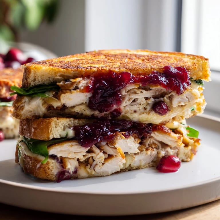 Savory close-up of a perfectly toasted Moist Maker Chicken Wrap with tender chicken and cranberry sauce visible.