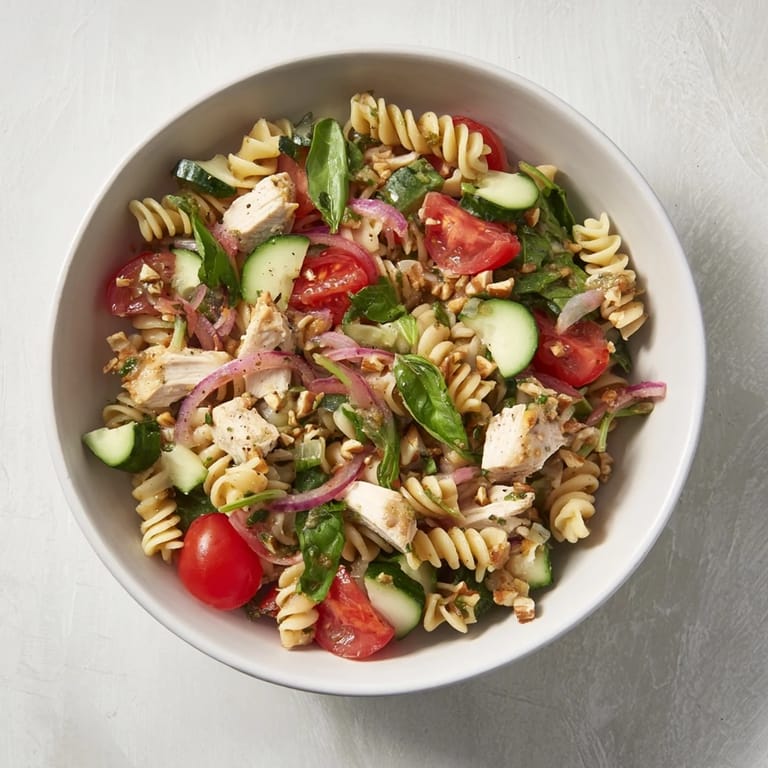 A close-up shot of the colorful Pasta Salad with Cranberry Vinaigrette, perfect for a light, refreshing meal.