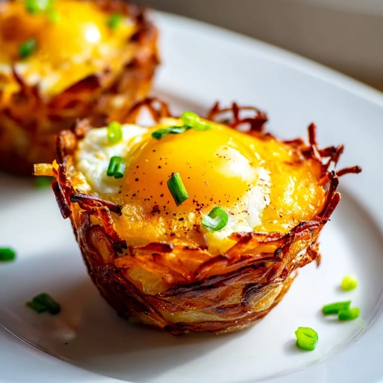 A close-up of cheesy crispy hashbrown egg nests, ready for a satisfying, hearty breakfast meal.