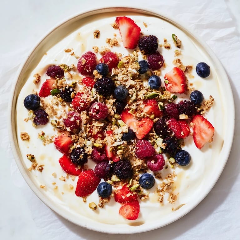 Close-up of frozen Berry Yogurt Bark, a healthy snack, studded with fresh berries and crunchy toppings.
