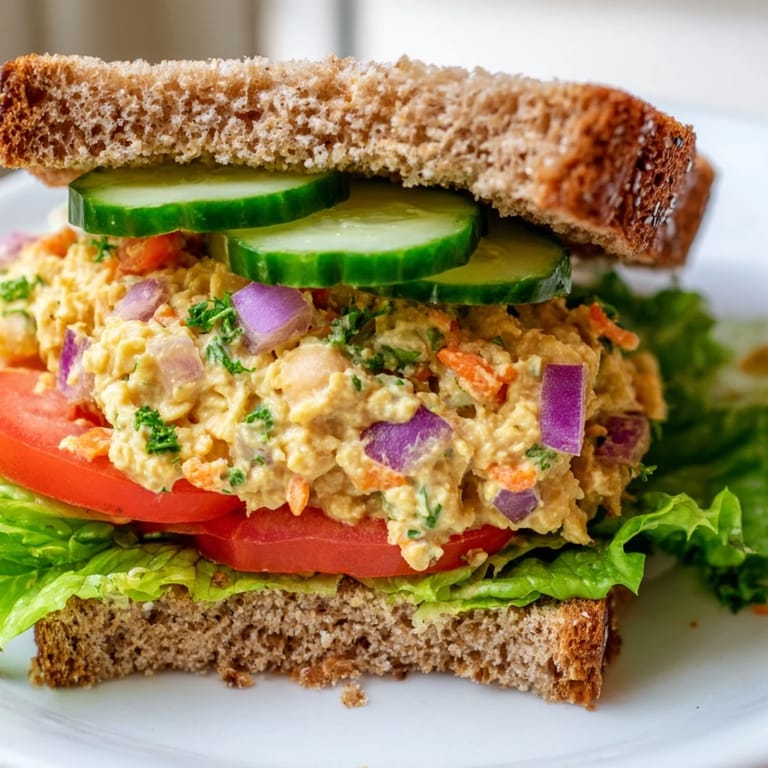 A close-up view of a beautifully prepared Easy Chickpea Salad Sandwich, perfect for a quick vegan lunch.