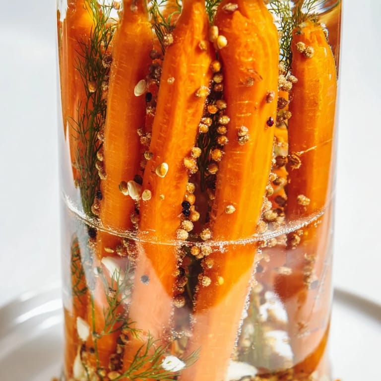 Glass jar filled with quick pickled carrot spears, showing a close-up of the crunchy, vibrant vegetables.