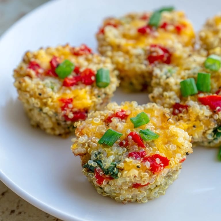 Flavorful Baked Cheddar Quinoa Bites, featuring a mix of quinoa, cheese, and vegetables ready to serve.