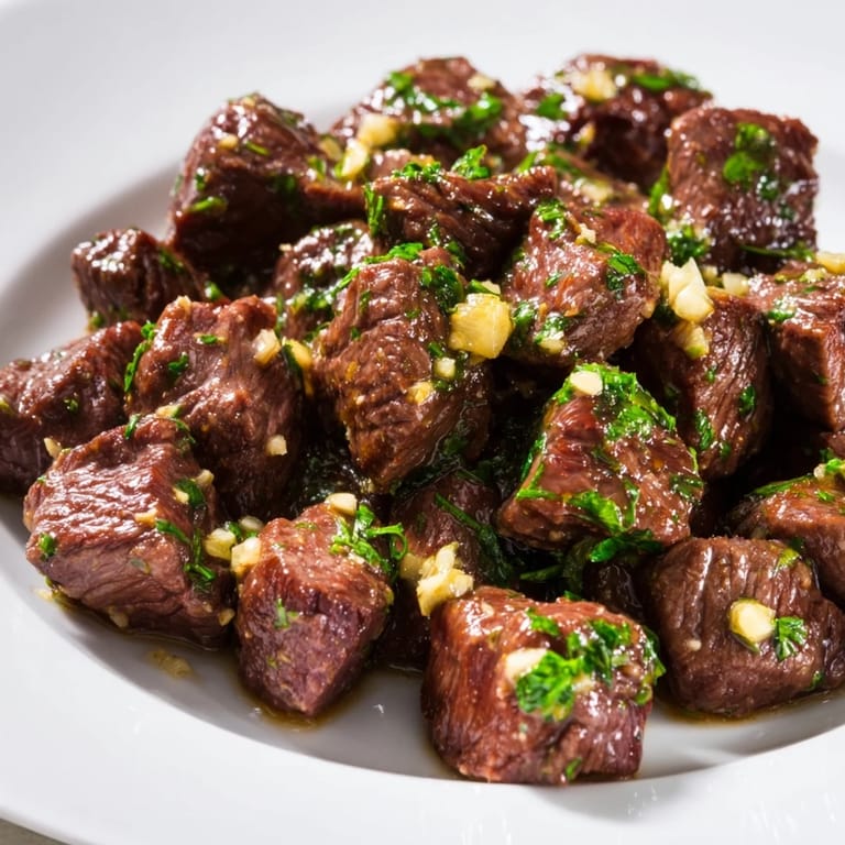 Golden-brown Air-Fryer Garlic-Butter Steak Bites, showcasing juicy interiors and the melted garlic butter sauce.