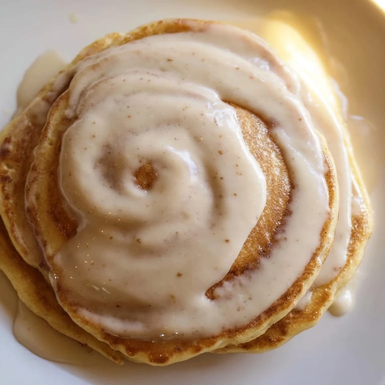Fluffy American pancakes with cinnamon swirls are drizzled with cream cheese glaze, a brunch delight.