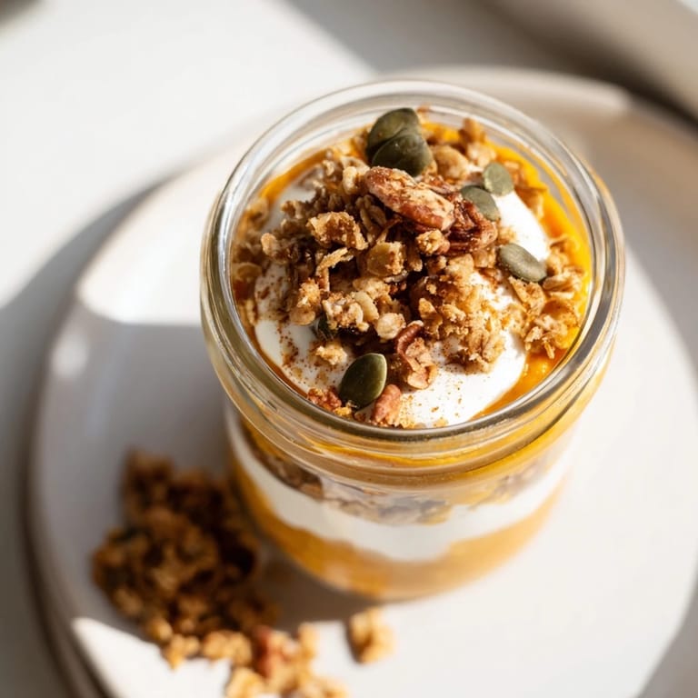 Homemade Pumpkin Yogurt Parfait, beautifully arranged with granola and pumpkin seeds for a fall dessert.