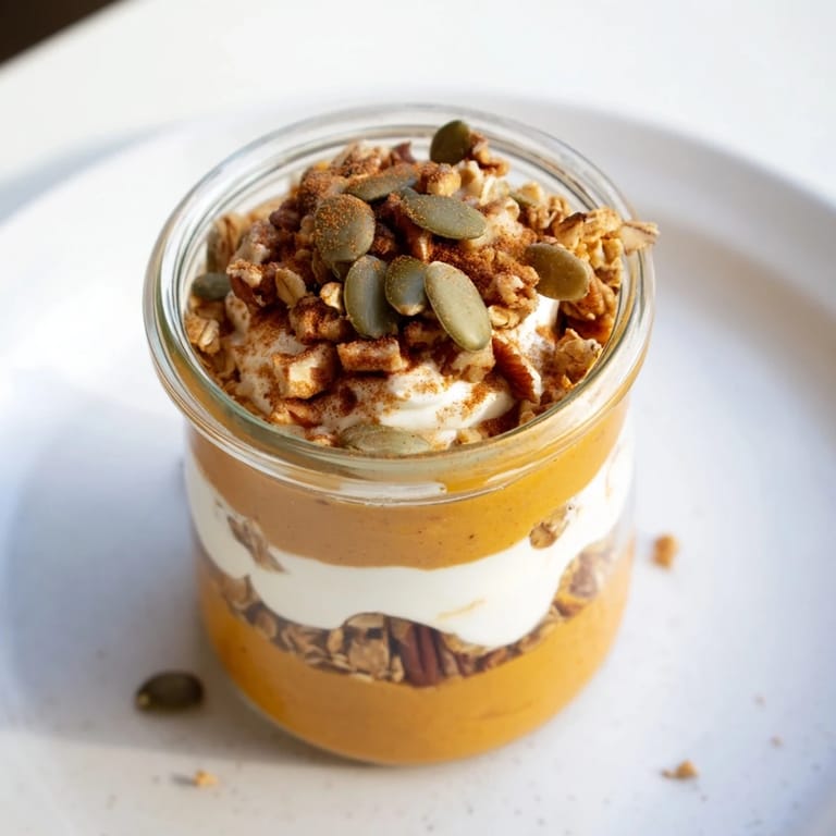 The vibrant layers of this Pumpkin Yogurt Parfait showcase a delicious snack with creamy texture and fall flavors.