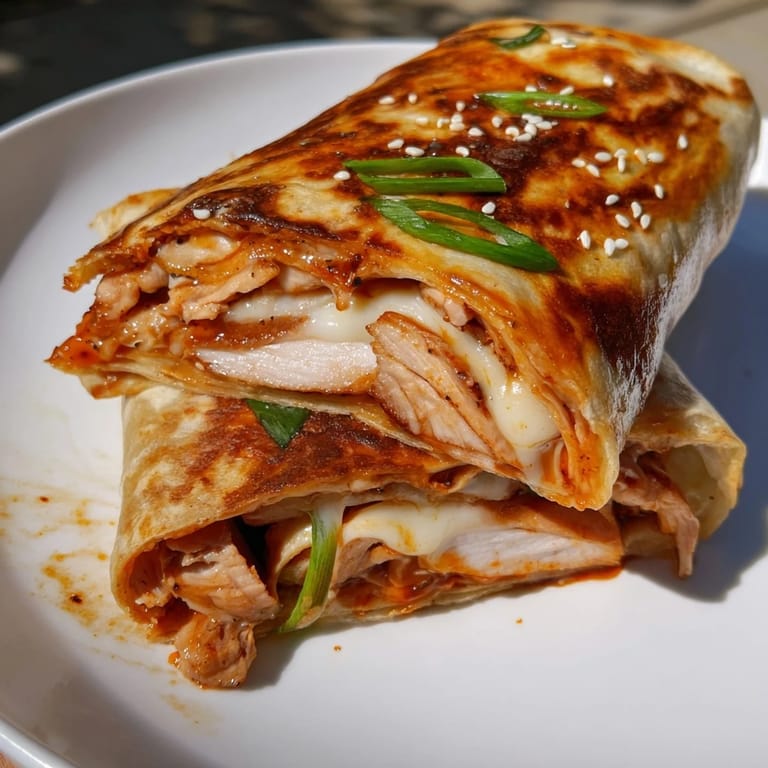 Savory and cheesy: the delicious Korean BBQ Chicken Wrap Grilled Cheese, ready for a flavorful bite.