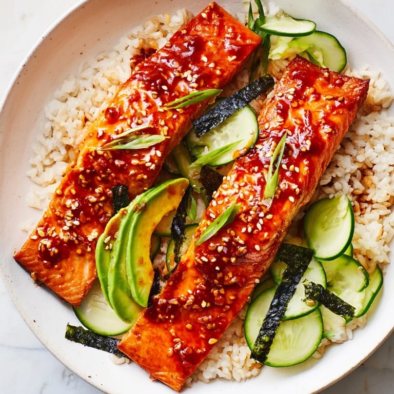 This Emily Mariko-inspired gochujang salmon bowl has beautifully glazed salmon on a bed of rice and vegetables.