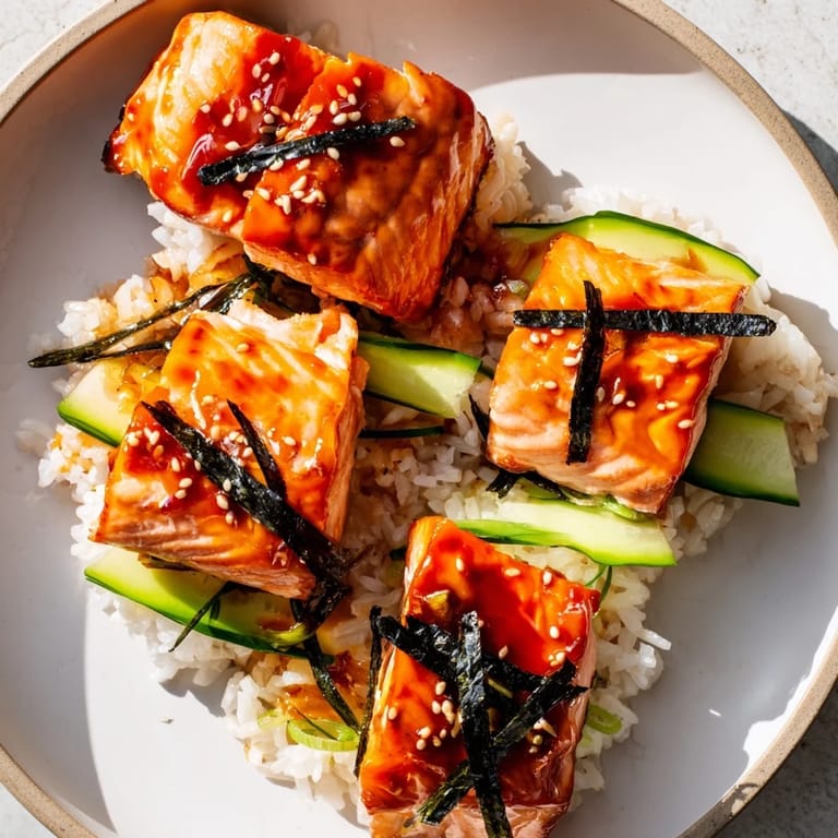 A delicious Emily Mariko-inspired gochujang salmon bowl, with tender salmon and vibrant, crunchy toppings.