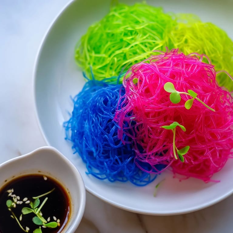Cool, pastel-colored Neon Noodle Clouds, a playful appetizer with a savory dipping sauce served alongside.