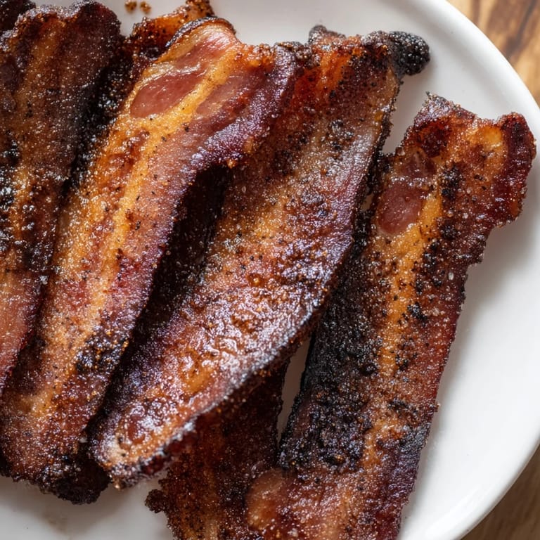 Close-up of golden-brown Snoop Dogg Billionaire Bacon strips, demonstrating the perfect balance of sweet and savory flavors.
