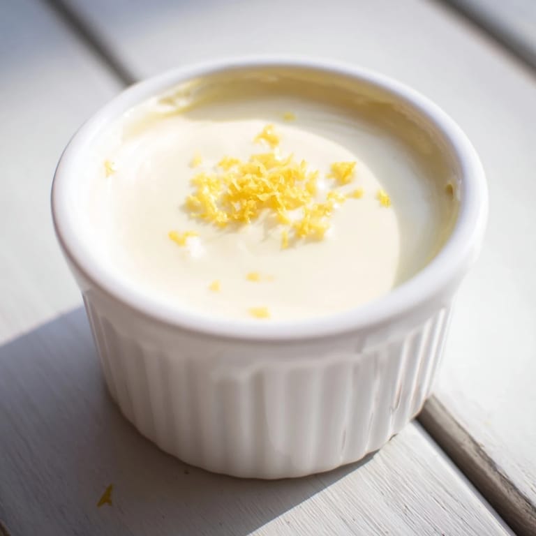Silky smooth 3-Ingredient Lemon Posset, freshly made and ready to set for a refreshing dessert later tonight.