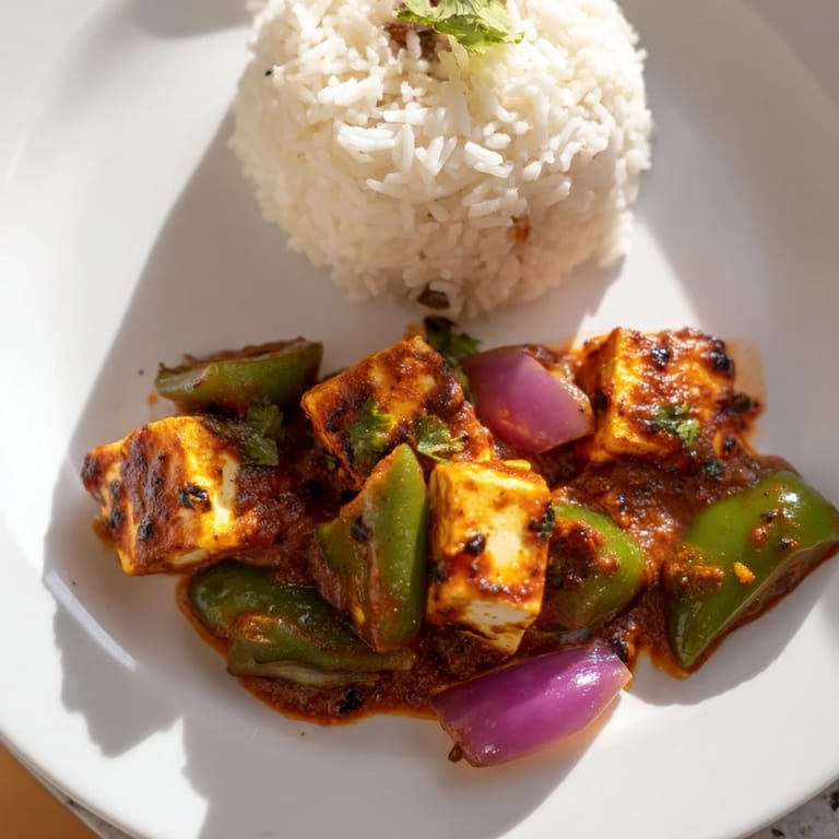 Fragrant Paneer Tikka Masala, with colorful bell peppers, cooked in a rich, spiced tomato sauce.