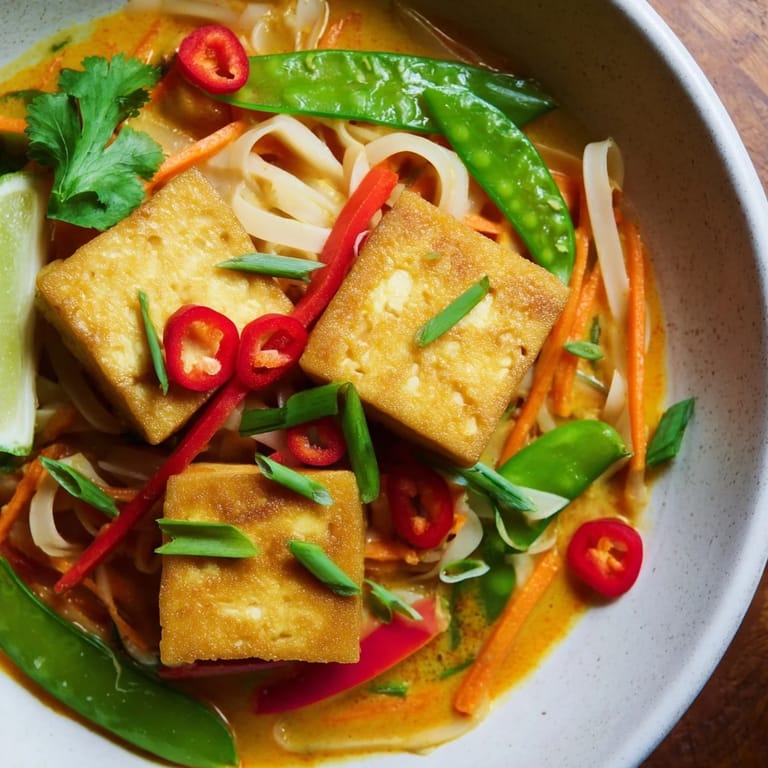 A close-up view of Malaysian Laksa Curry noodles with vibrant toppings, perfect for a cozy meal.